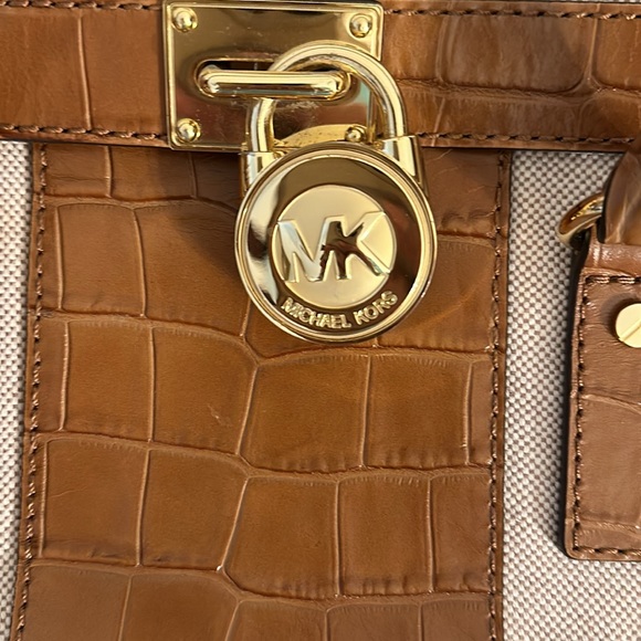 MICHAEL KORS HAMILTON WALNUT BROWN CROC LEATHER CENTER STRIPE SATCHEL - Picture 3 of 11